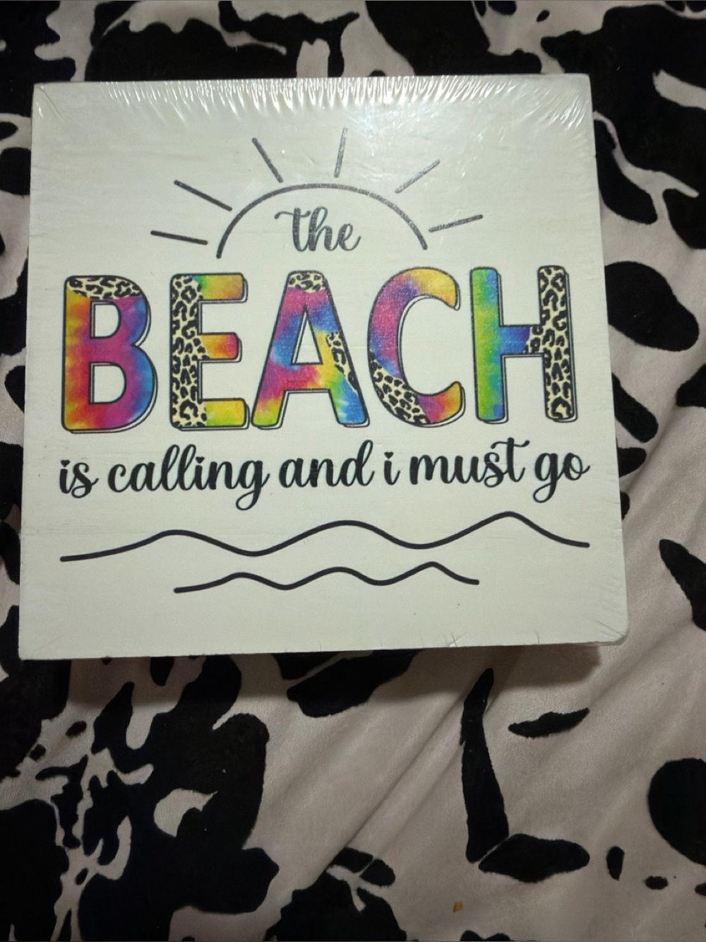 “The Beach Is Calling” Tie-Dye Leopard Wall Sign